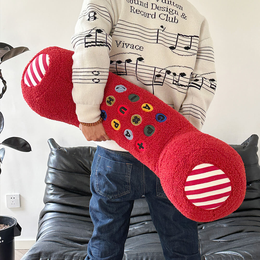 Playful Phone-Shaped Bolster Pillow - Soft Lamb Wool & Striped Knit Fabric, Colorful Button Design