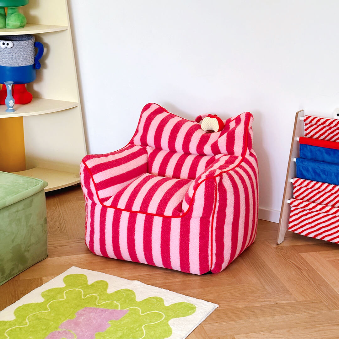 Playful Bean Bag Couch - Striped Sherpa Fleece Armchair with Whimsical Fruit Accessory